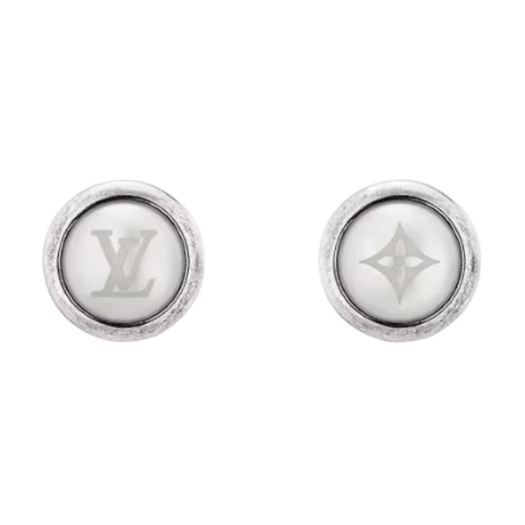 LOUIS VUITTON Floral Pattern Distressed Metal Brass Stud Earrings Men's Silver