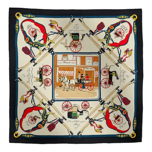HERMES Mulberry Silk Scarves Women's Navy Blue/Cream/Red