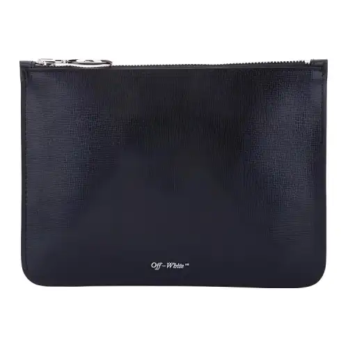 OFF WHITE Leather Pochette Clutch Unisex Black