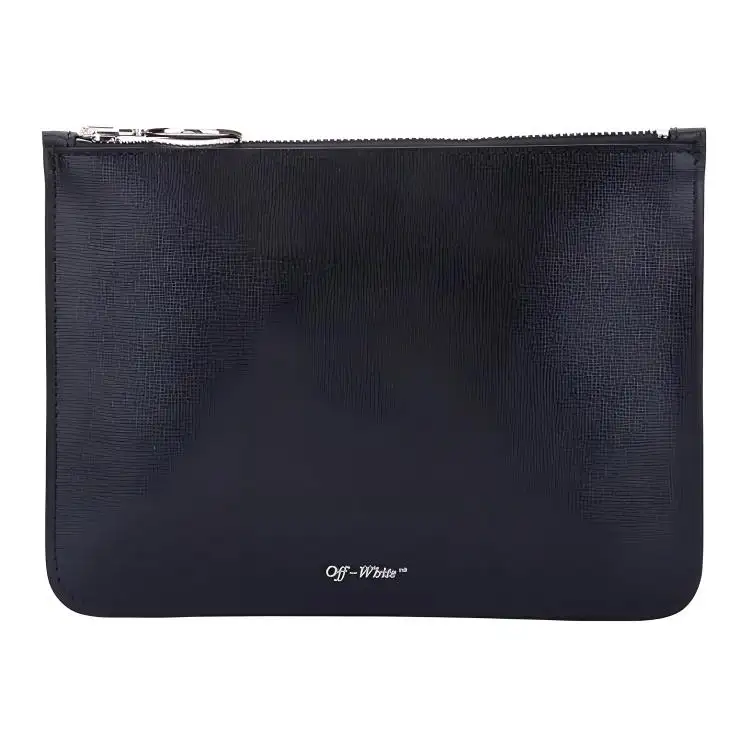OFF WHITE Leather Pochette Clutch Unisex Black