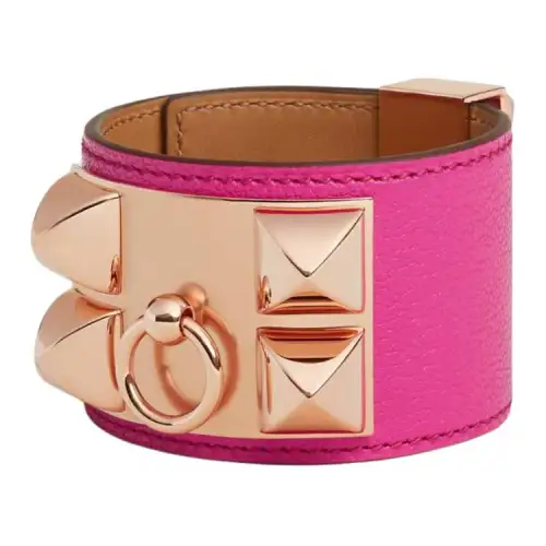 HERMES Brand Logo Calfskin Wristbands Unisex Pink