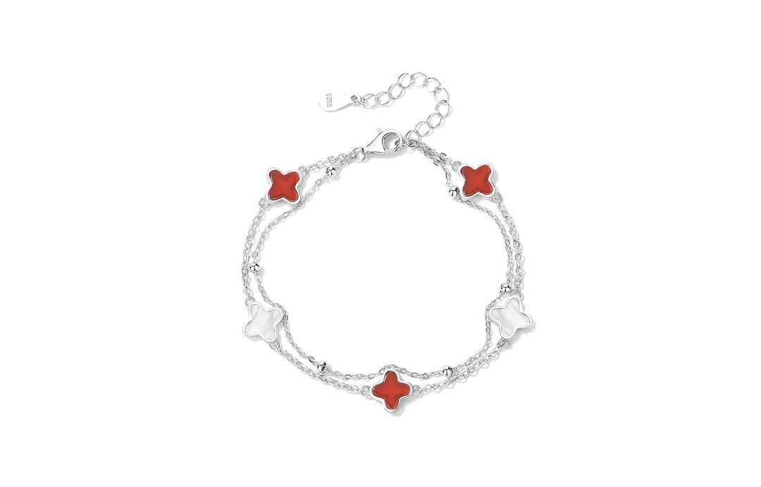 HOLLY RYAN S925 Silver Love And Poetry, Lucky Four Leaf Clover Double Layer Stackable Bracelet Women's