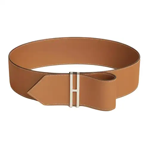HERMES Pattern Line Design Calfskin Leather Belts Women's Brown Width 6.6cm