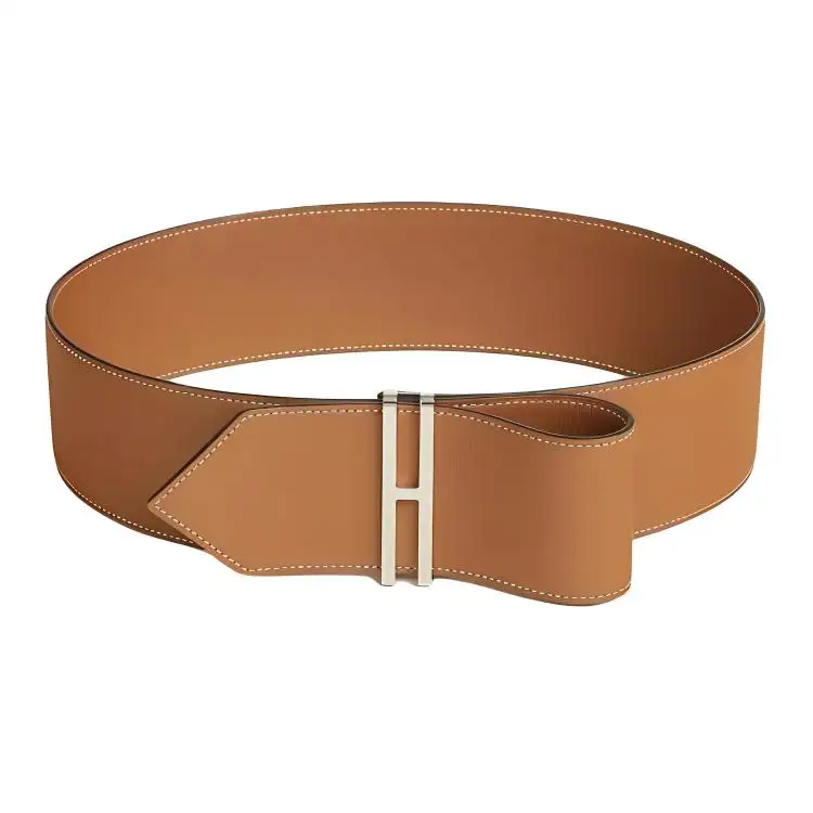 HERMES Pattern Line Design Calfskin Leather Belts Women's Brown Width 6.6cm