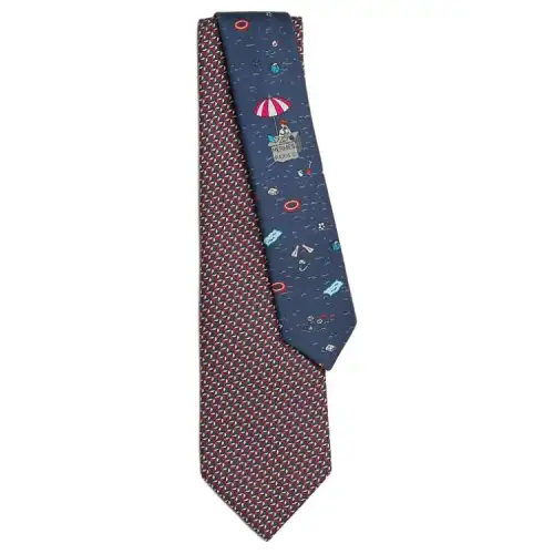 HERMES Brand Logo Silk Ties Men's Marine Blue/Red