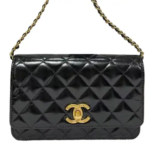 CHANEL Shiny Leather Shoulder Bag, Crossbody Bag Women's Black