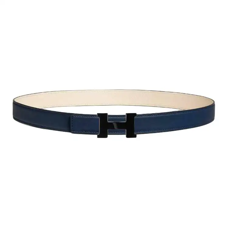 HERMES Double Sided Design, Smooth Buckle Calfskin, Metal Leather Belts Women's Blue Width 2.4CM