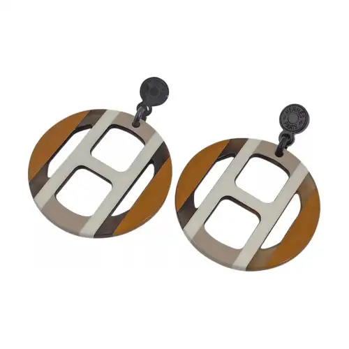 HERMES Brand Logo Bubali Cornu Earrings Women's Brown