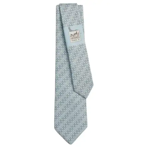HERMES Brand Logo Silk Ties Men's Sky/White/Gray