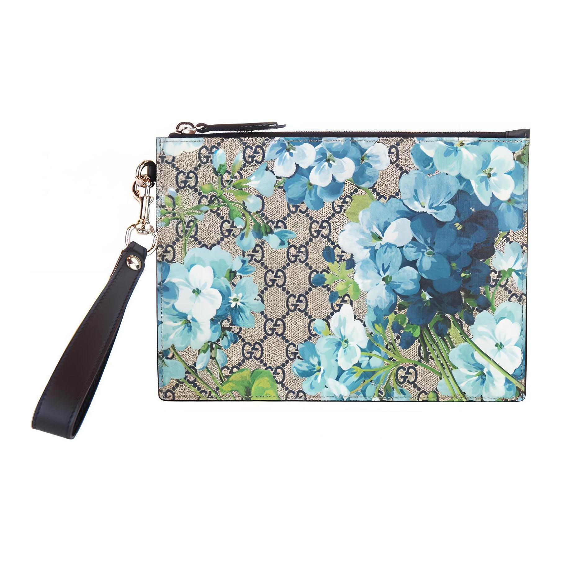 GUCCI GG Blooms Canvas With Leather Canvas Bag Clutch Small Women's Beige/Blue