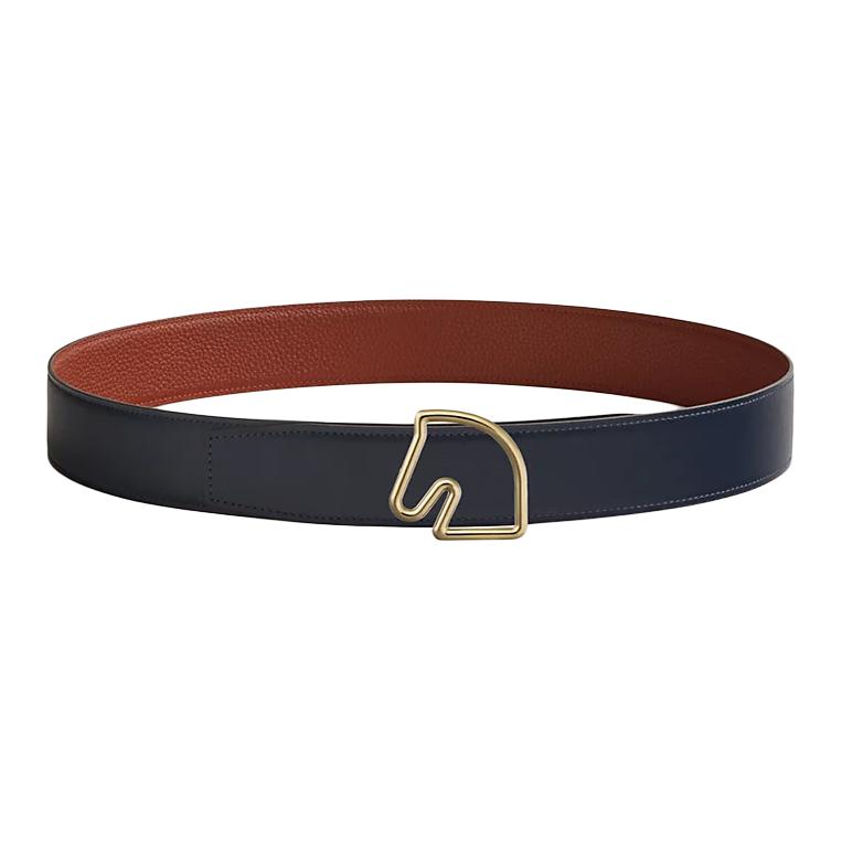 HERMES Tete De Cheval Brass Calfskin Leather Belts Men's Width 3.8cm