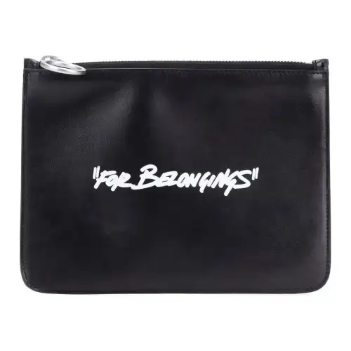 OFF WHITE Leather Pochette Clutch Unisex Black