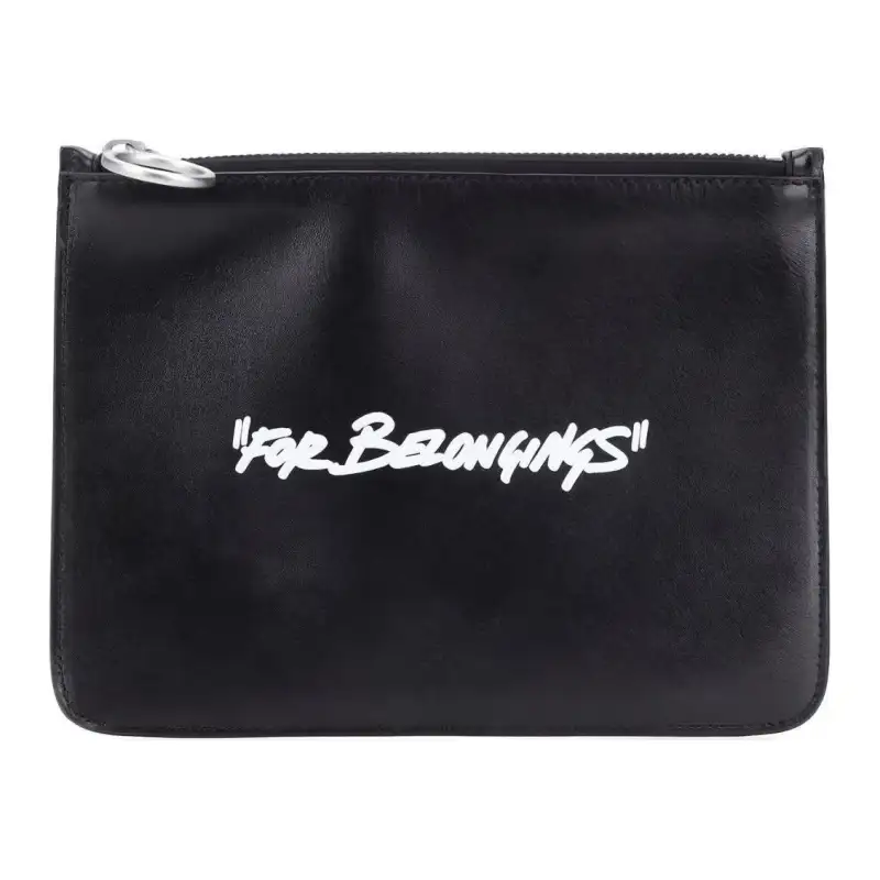OFF WHITE Leather Pochette Clutch Unisex Black