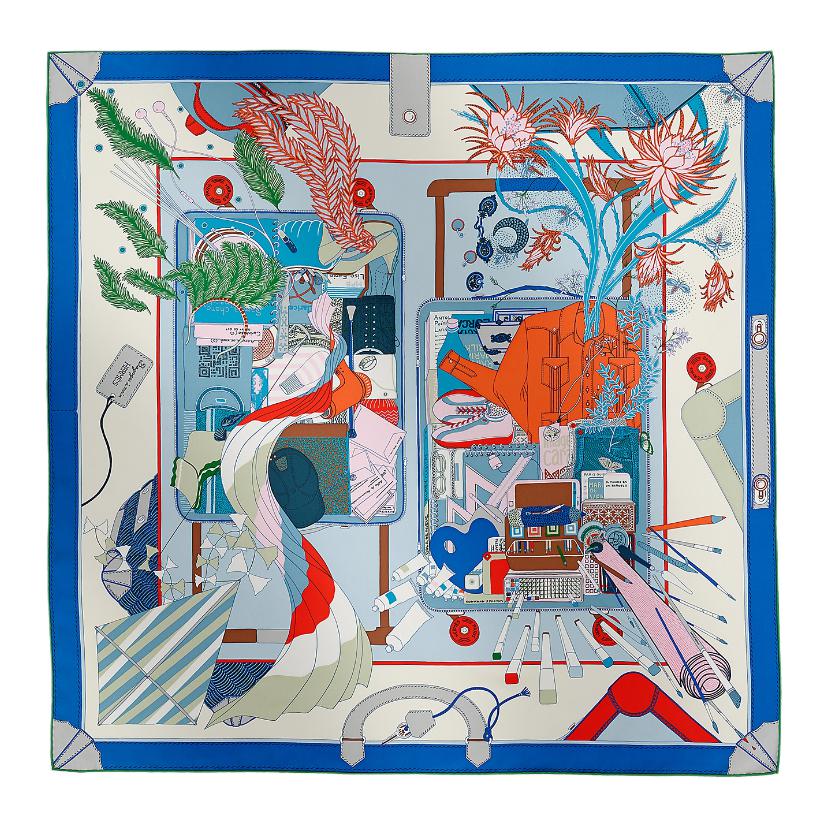 HERMES Mulberry Silk Scarves Women's Blue/Green/Orange