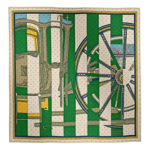 HERMES Cashmere Scarves Women's Green/Gray/Orange