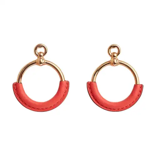 HERMES Metal, Calfskin, Rose Gold Plated Earrings Women's Red