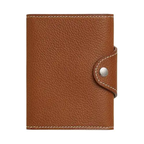 HERMES Iliade Silver Tone Buckle Barenia Faubourg Calfskin Card Holder Women's 34 Fauve Light Tawny