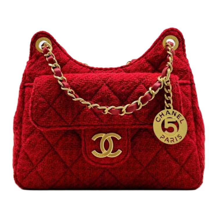 CHANEL HOBO Wool & Metal Handbag, Shoulder Bag, Crossbody Bag Small Women's Red