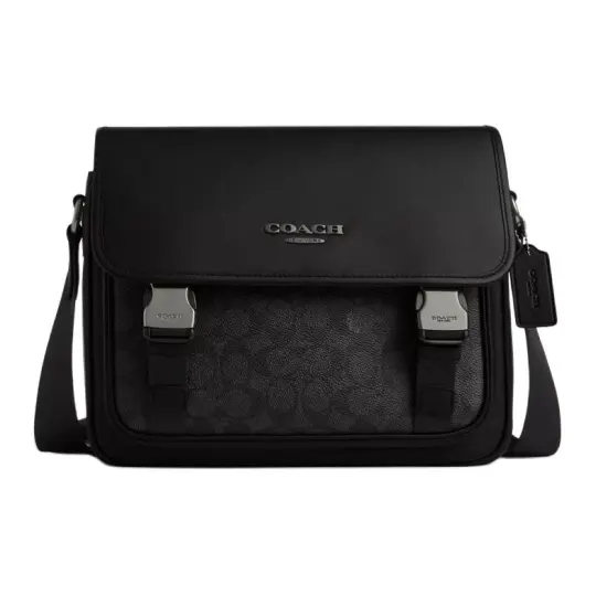COACH RACER Coated Canvas With Smooth Calfskin Messenger Bag, Shoulder Bag, Crossbody Bag Large Men's Charcoal Gray
