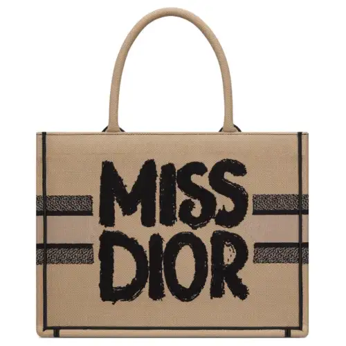 DIOR Embroidery Tote Bag, Shopping Bag, Handbag Medium Women's Black & Beige