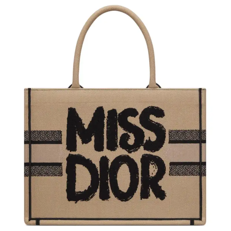 DIOR Embroidery Tote Bag, Shopping Bag, Handbag Medium Women's Black & Beige