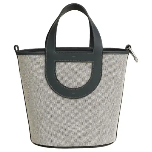 HERMES In The Loop Canvas With Swift Calfskin Basket Bag Pig Nose Bucket Bag Handbag Women's Dark Green & Beige Gray