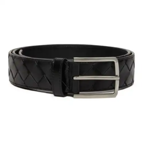 Bottega Veneta Woven Detail, Pin Buckle Calfskin, Hardware Accessories Leather Belts Men's Black