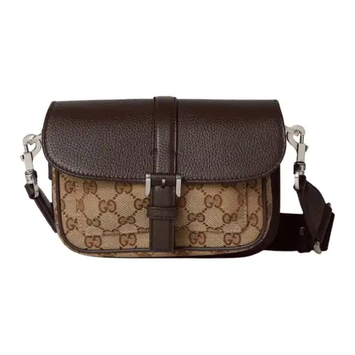 GUCCI Canvas With Leather Crossbody Bag, Shoulder Bag Extra Mini Men's Beige & Ebony