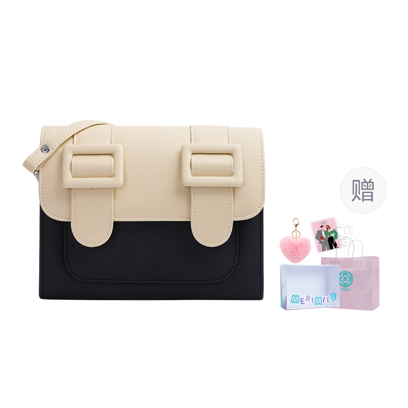 MERIMIES Litchi Grain Shoulder Bags Medium Women's Black & Cream