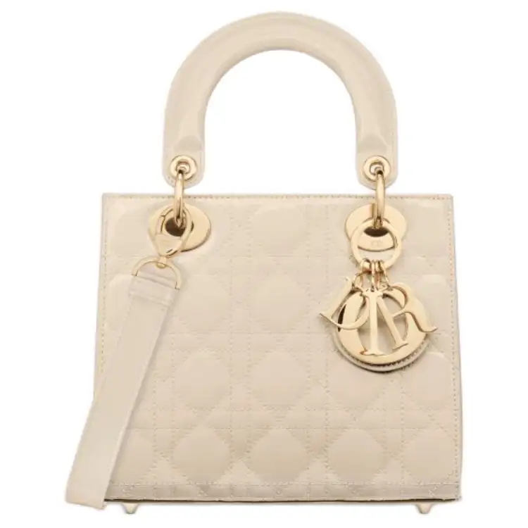 DIOR Lady Dior Patent Leather Calfskin Handbag, Shoulder Bag, Crossbody Bag, Handbag Small Women's Gray White
