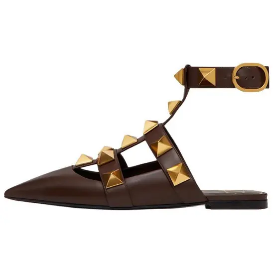 Valentino Roman Stud Ballerina Flats Dark Brown Women's