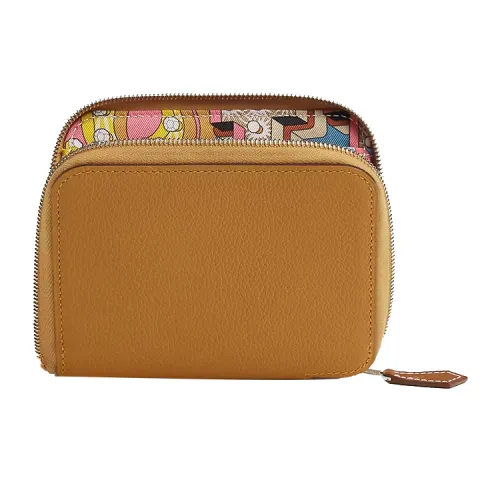 HERMES Silk'In Evercolor Calfskin Wallet Women's Caramel & New Blue Jeans & Sunshine