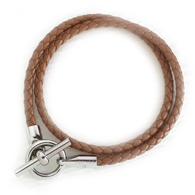 HERMES Glenan Leather, Palladium Plated Wristbands Men's Brown
