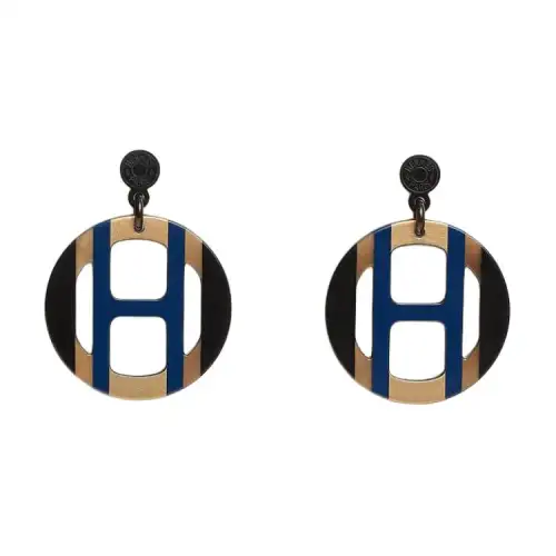 HERMES H Equipe Lacquered Edge Earrings Women's Blue
