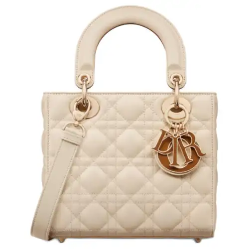 DIOR Lady Dior Lambskin Shoulder Bag, Crossbody Bag, Handbag Small Women's Grey Ivory Color With Gold Color