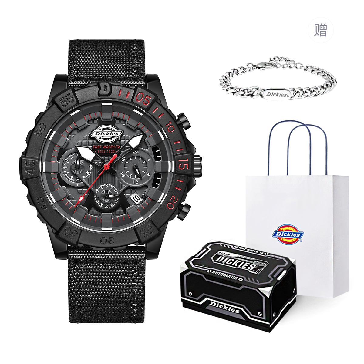 Dickies Nylon quartz watch strap, black dial for men and women, fashionable trend gift box, waterproof sports travel universal calendar, quartz mechanism, European style