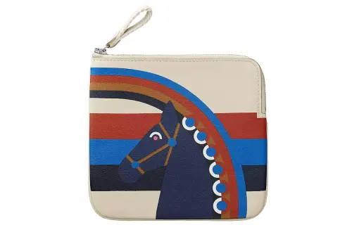 HERMES Carre Pocket Calfskin Wallet Women's Concrete & Blue Ink