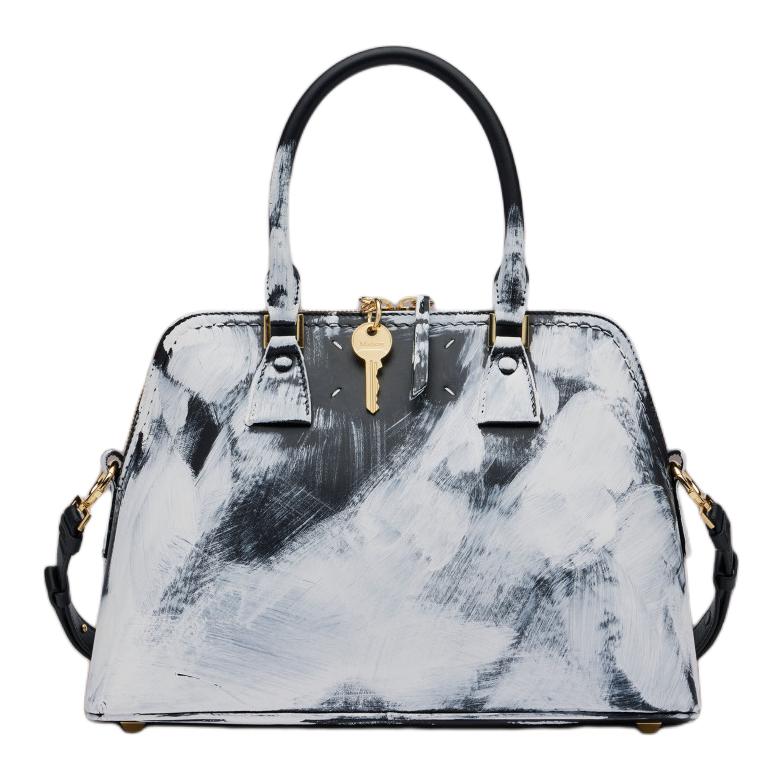 Maison Margiela Snatched Leather Tote Bag, Shopping Bag, Handbag Medium Women's Black White
