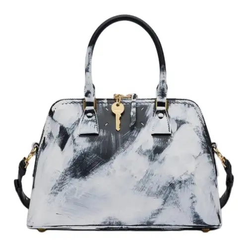 Maison Margiela Snatched Leather Tote Bag, Shopping Bag, Handbag Medium Women's Black White