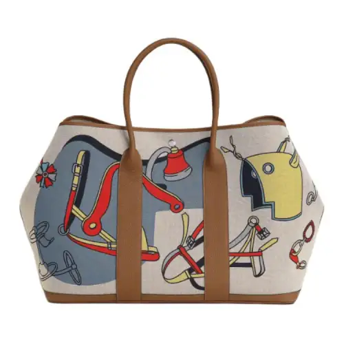 HERMES Garden Party Canvas With Negonda Calfskin Handbag 49 Women's Brown & Multicolor