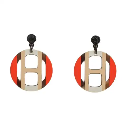 HERMES Antler, Wooden Earrings Women's Orange