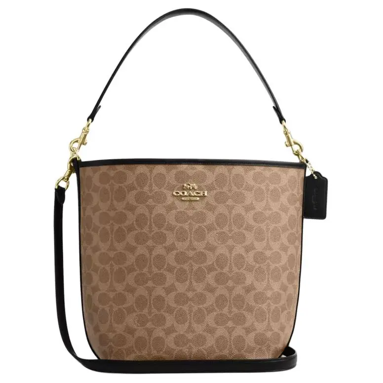 COACH City Bucket Signature Coated Canvas Handbag, Shoulder Bag Small Women's Tan & Black