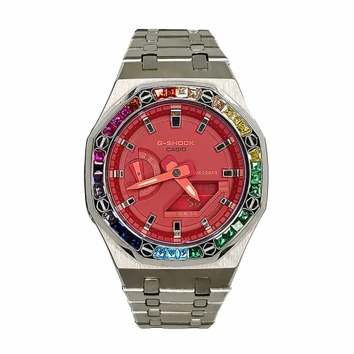Casio, modified stone inlay, rainbow quartz watch strap stainless steel, men's watch, red dial, custom-made, quartz mechanism, Japanese and Korean
