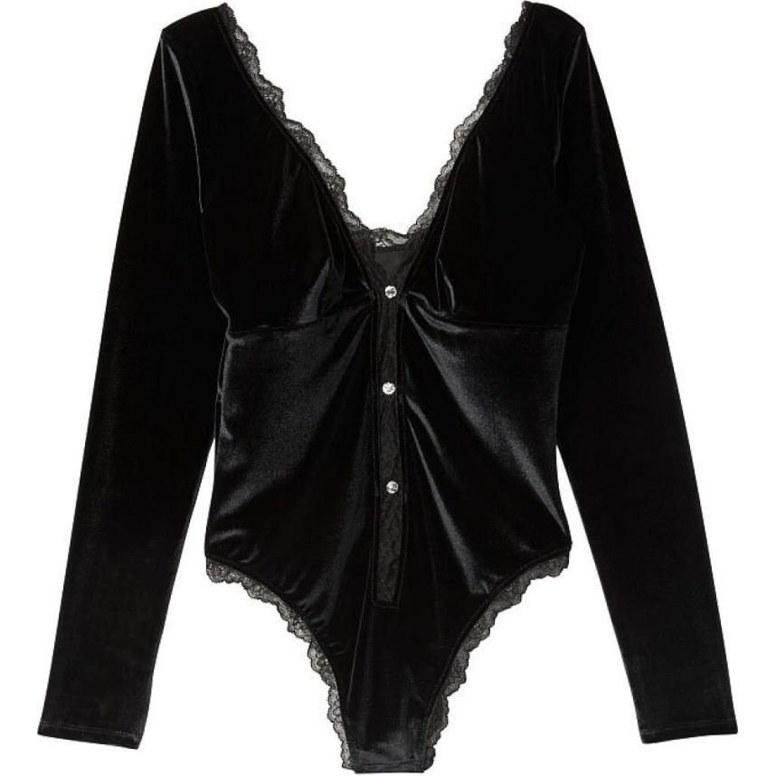 Victoria's Secret Victoria's Secret VERY SEXY lace-embellished velvet long-sleeved tight-fitting unwired unpadded home jumpsuit for women, black