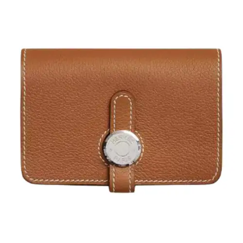 HERMES Dogon Silver Tone Buckle Evercolor Leather Card Holder Women's 37 Gold Brown
