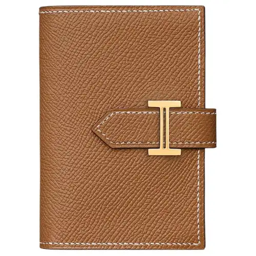 HERMES Bearn Gold tone Lock Epsom Leather Wallet Mini Women's 37 Gold Brown