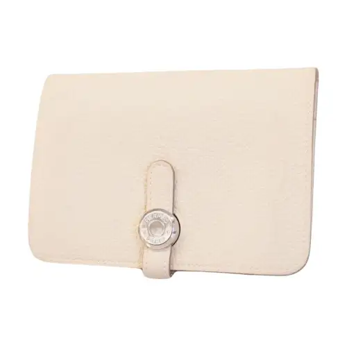HERMES Dogon Silver Tone Buckle Togo Cow Leather Wallet Women's 10 Craie Milkshake White