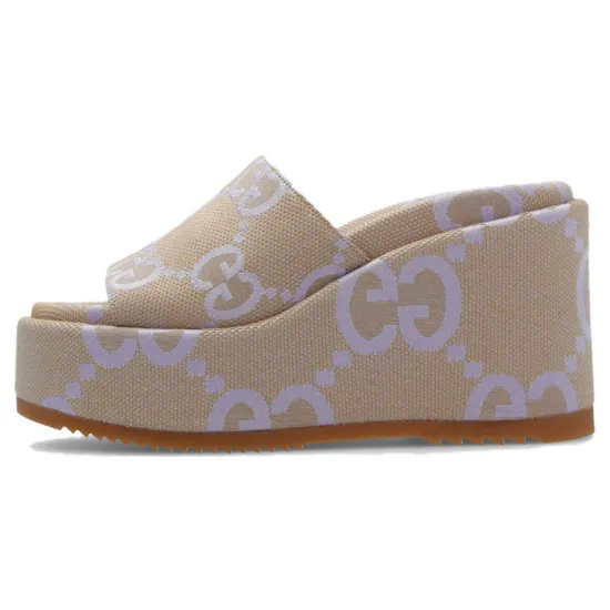 GUCCI Jumbo Gg Platform Slide Sandal Beige Light Blue Canvas Women's