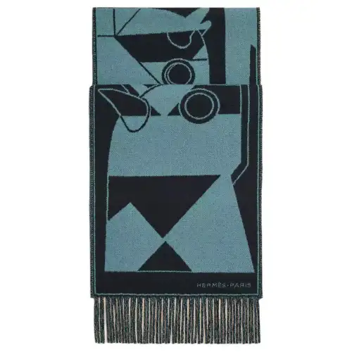 HERMES Horse Helmets Jacquard Knit Scarves Men's Blue