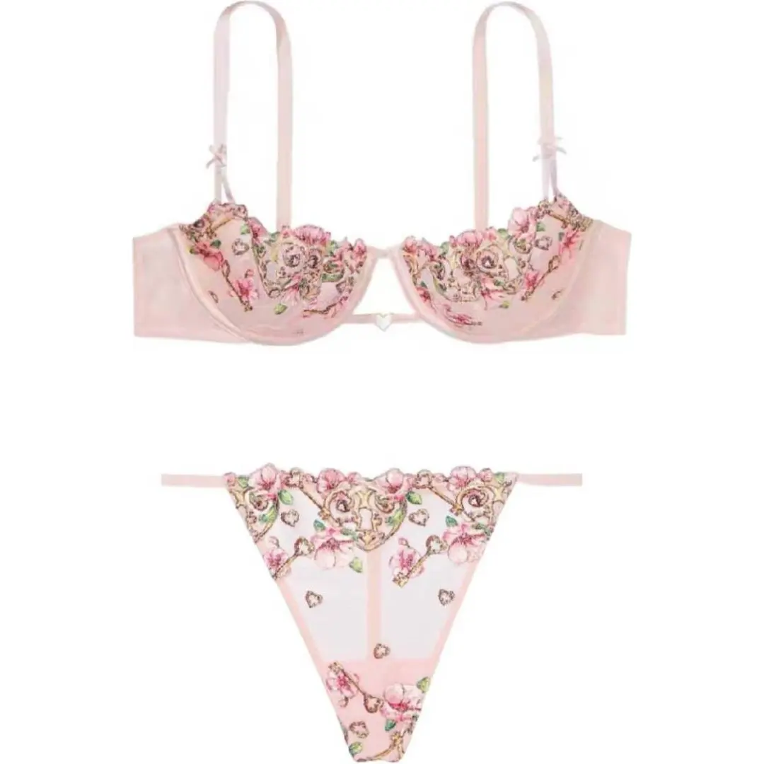 Victoria's Secret Underwear Set Women's Pink Peach Blossom Embroidery